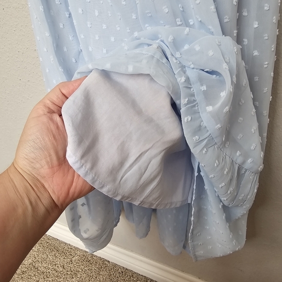 Merokeety Dress Sz‎ L Puff Sleeve Soft Girl Flowy Midi Feminine Pastel Blue NEW - Picture 12 of 15